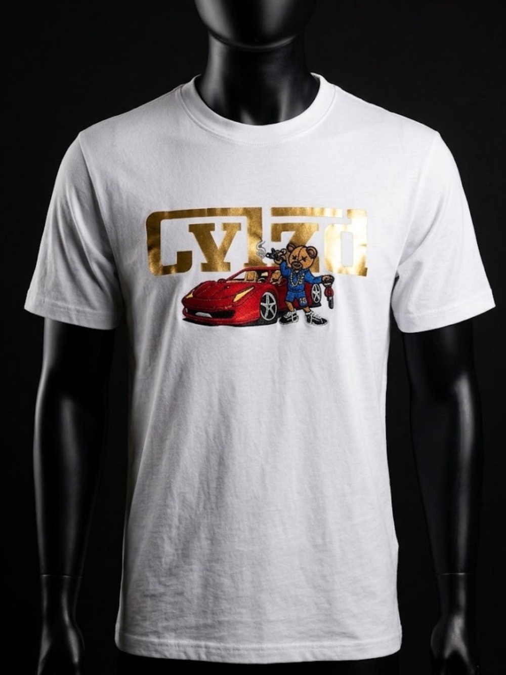 Civilized Nation GVZD T-Shirt Mens 2XL White Gold Foil Red Sports Car Teddy Bear